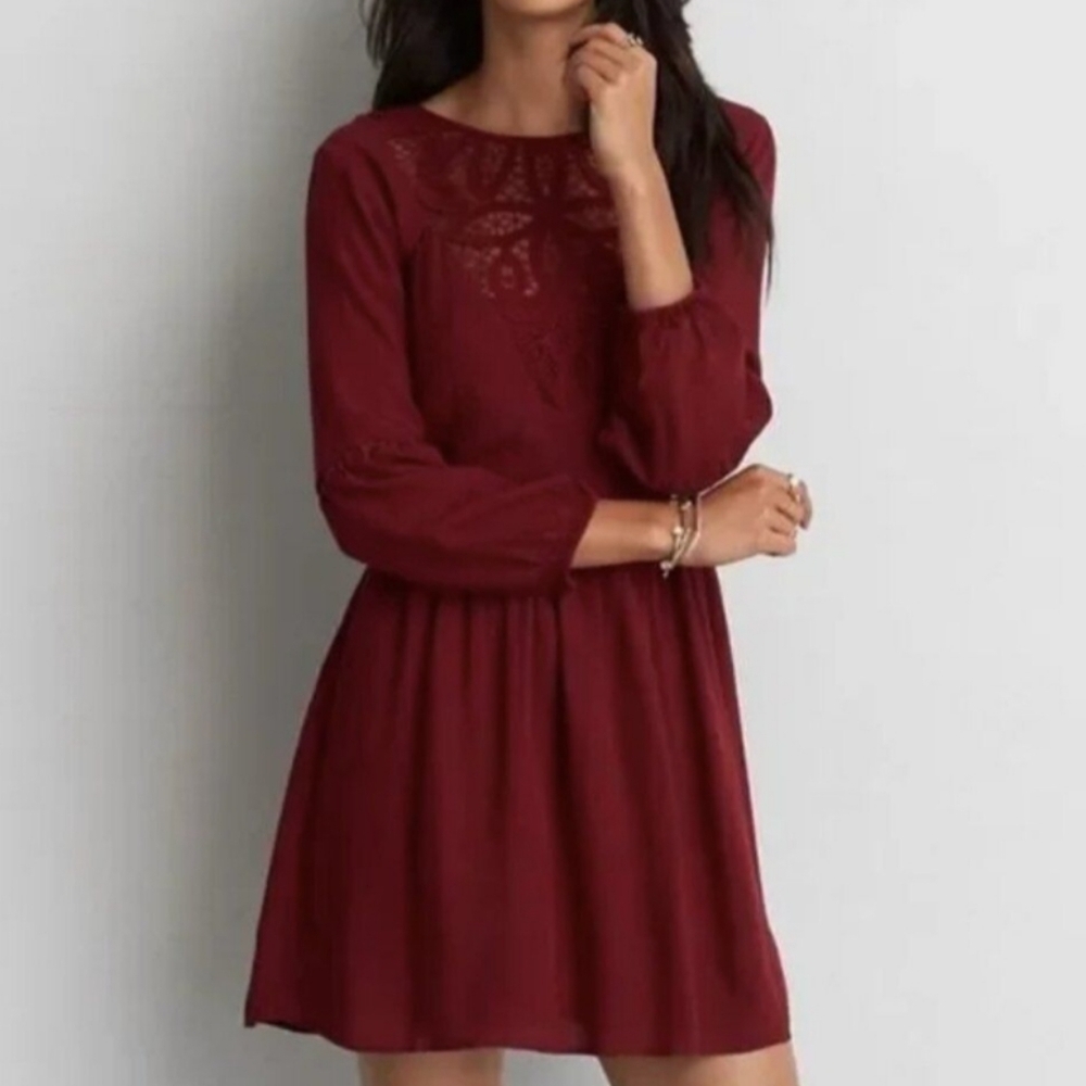 AEO Cutwork XL Cranberry Lace Front Back Detail Boho Dress - Picture 2 of 12